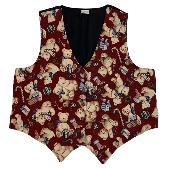 Vintage Tapestry Teddy Bear Christmas Vest by Bobbie Brooks - Picture 1 of 14